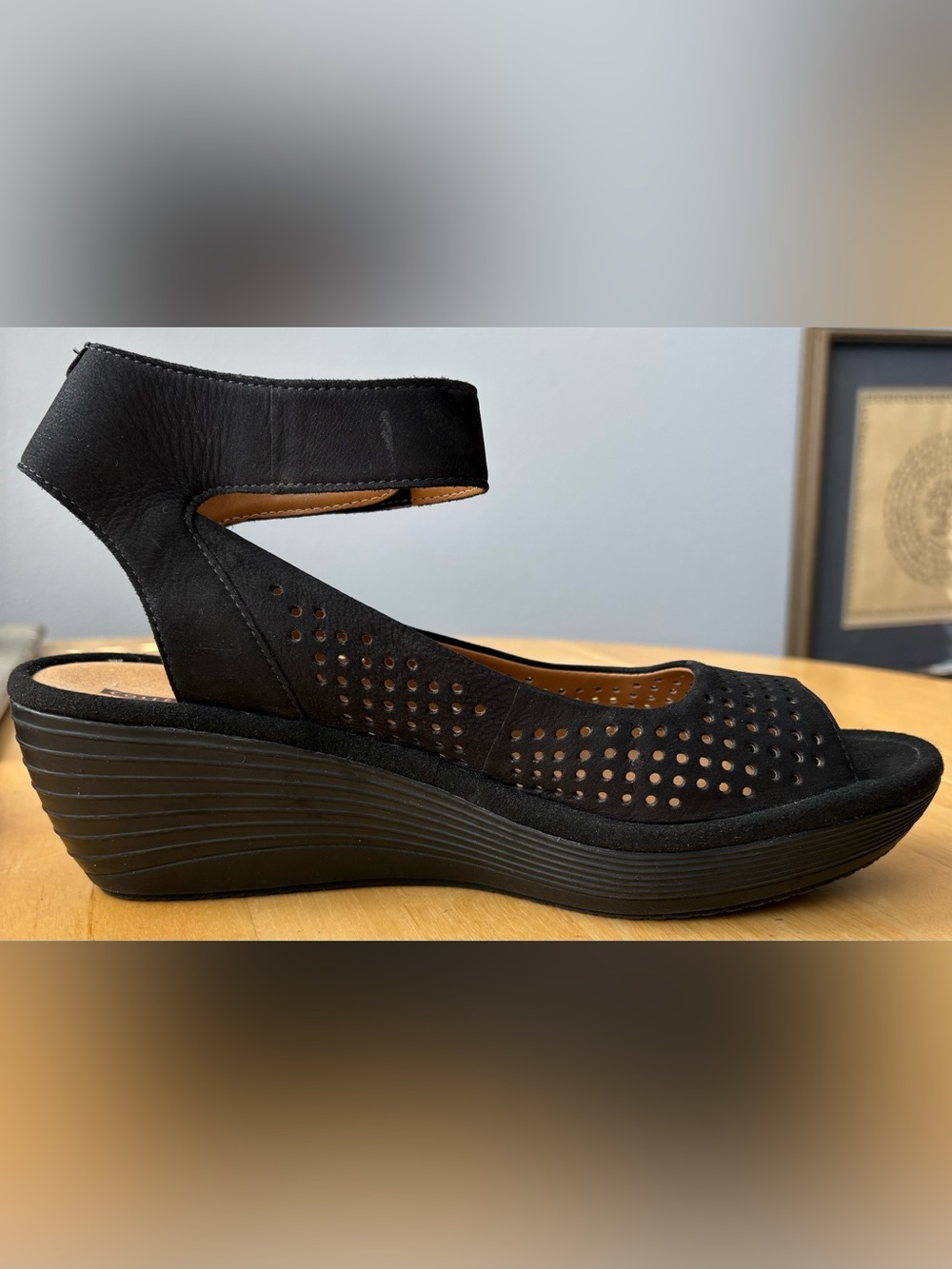 Clark’s Collection Reedly Salene Black Perforated Wedge Sandals w Ankle Strap 9 - Picture 10 of 12
